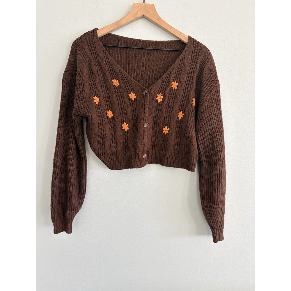 SHEIN Cropped Cardigan Sweater Womens Small Brown Orange Floral Long Sleeve